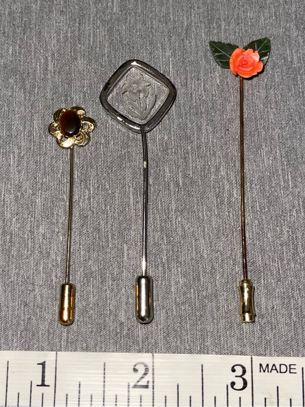 Lot Of 3 Vintage Stick Pins Lapel Pins Gold Tone Glass Inlay Tigers Eye